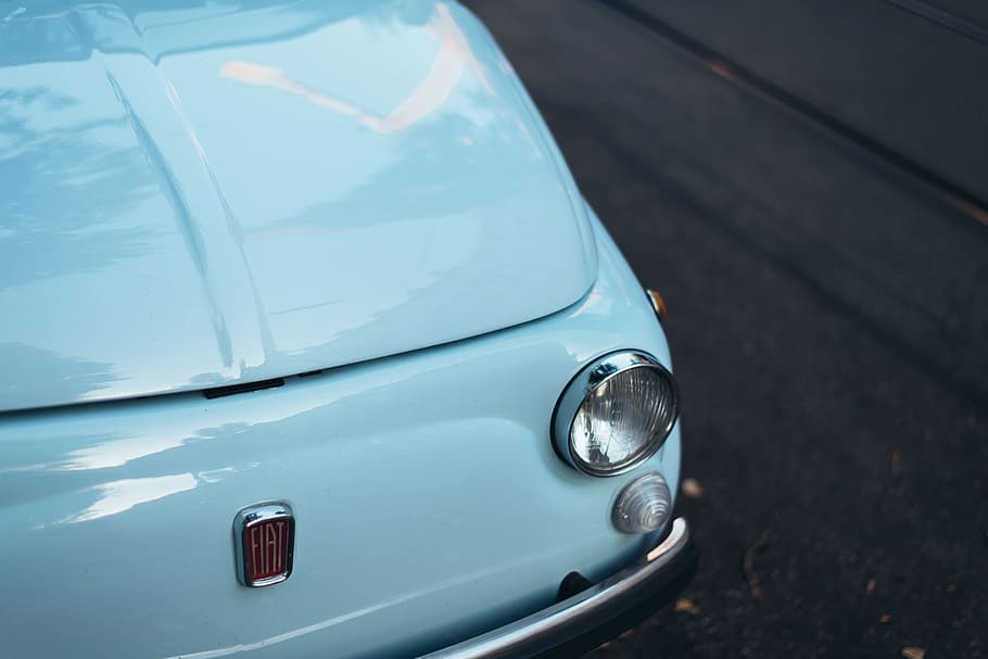 classic white FIAT vehicle on road, 500, blue, car, vintage HD wallpaper