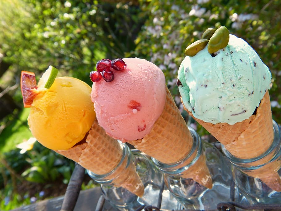 several ice-creams on sugar cones in glass jars, ice cream, waffles, HD wallpaper
