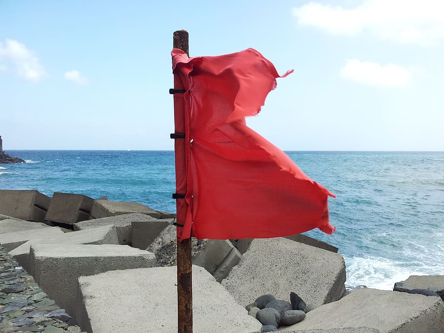 red flag, sea, wind, canary islands, water, beach, horizon HD wallpaper