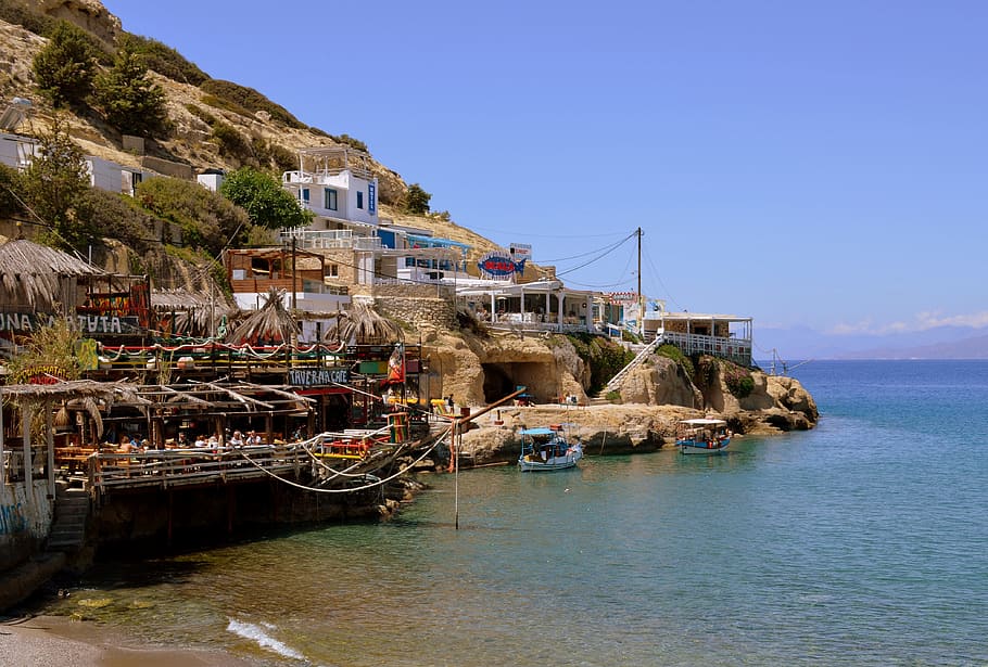 Crete, Matala, Greek, Island, Tavern, greek island, idyllic, HD wallpaper