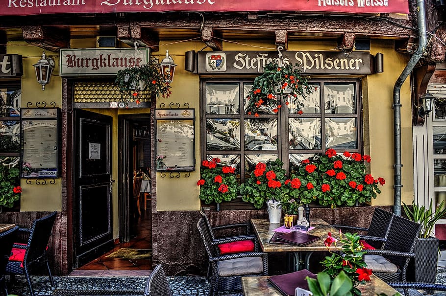 painting of restaurant, terrace, cafe, burgplaz, linz am rhein, HD wallpaper