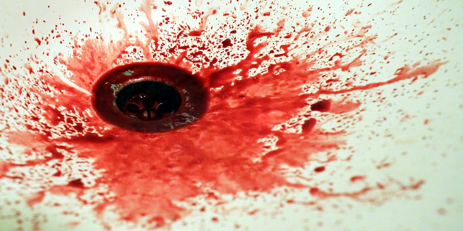 blood on white ceramic sink, spatter, the stain, red, hand basin