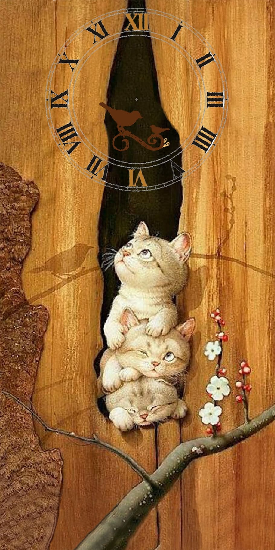Kittens, Birds, Clock, Key, Hanger, key hanger, milota, wood - material HD wallpaper