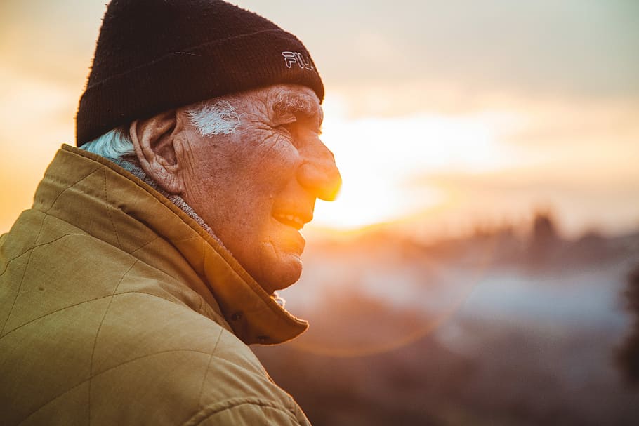 man wearing brown jacket and knit cap, close-up photo of man in coat HD wallpaper