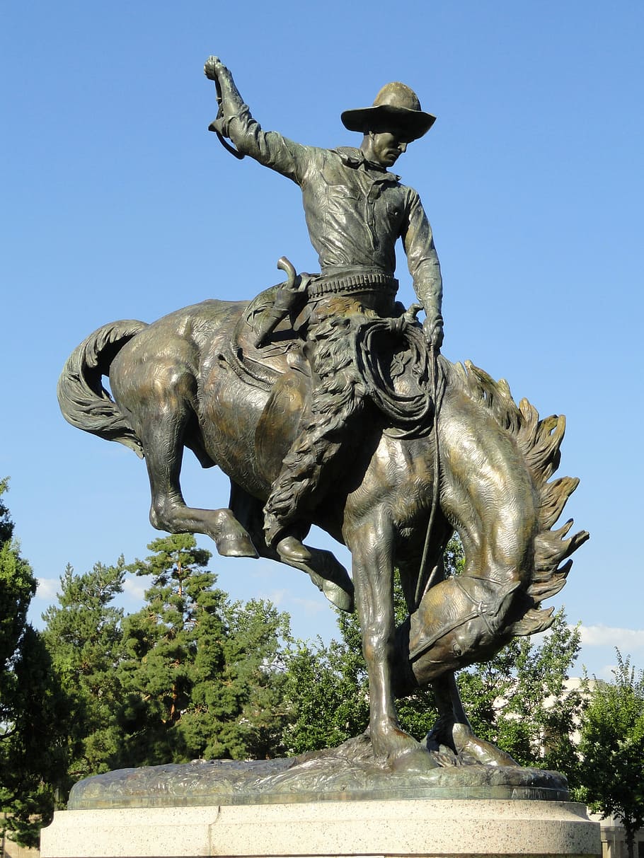 man riding horse statue, Denver, Colorado, Monument, cowboy, sky, HD wallpaper
