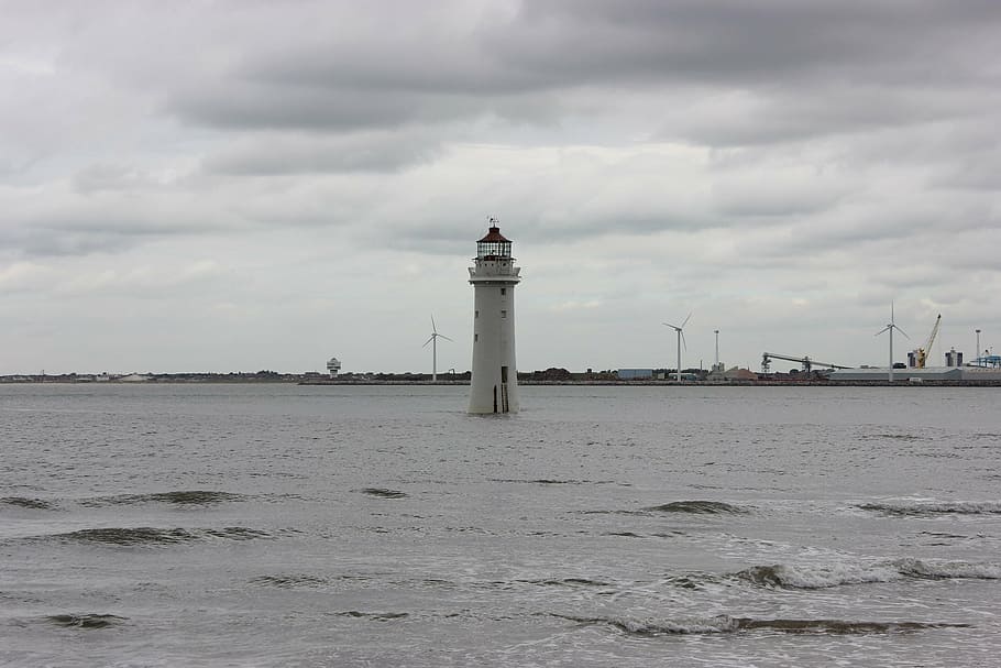 lighthouse, light house, clouds, sky, water, beach, architecture HD wallpaper