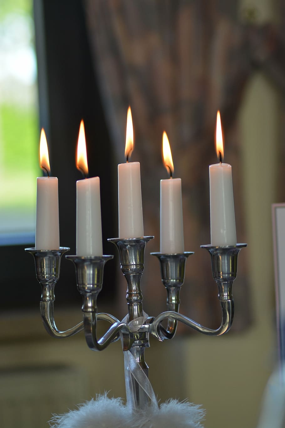 gray metal candelabra with five lit candles, candlestick, fire, HD wallpaper