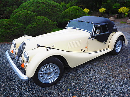 classic white convertible coupe beside green plants, morgan plus 8 HD wallpaper
