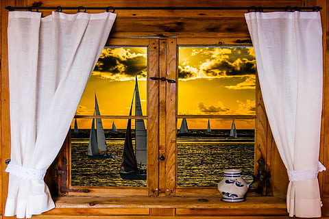 brown wooden 2-lite window panel taken at sunset, Architecture HD wallpaper