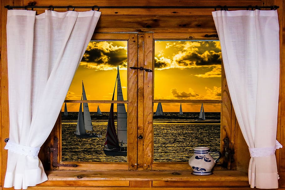 brown wooden 2-lite window panel taken at sunset, Architecture HD wallpaper