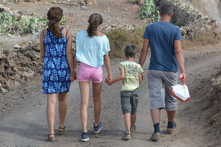 woman, girl, boy, and man holding hands together, family, people
