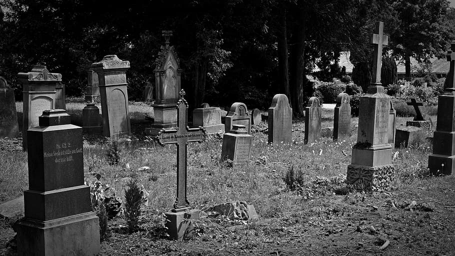 grayscale photo of graveyard during daytime, cemetery, old grave stones