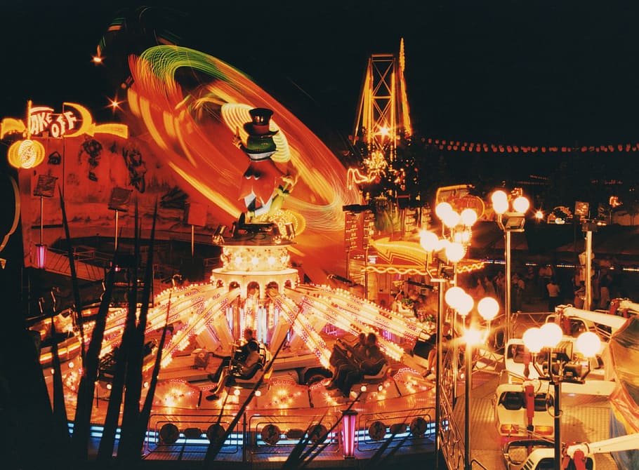amusement park, carnival, celebration, entertainment, evening, HD wallpaper