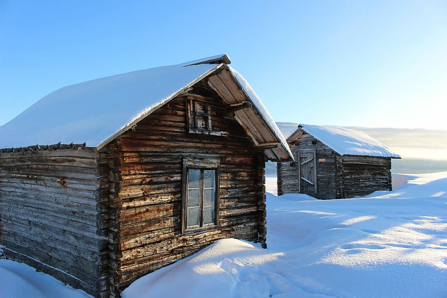 Hd Wallpaper Two Brown Cabins Surrounded By Snow Covered Land