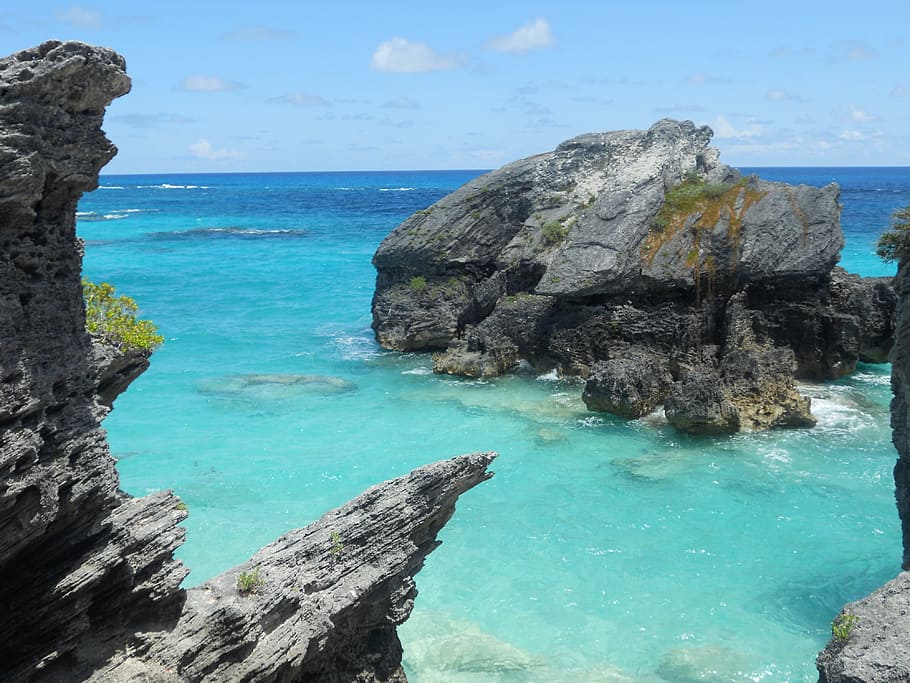 sea stack on body of water, Bermuda, Blue, Water, Rocks, rock - object, HD wallpaper