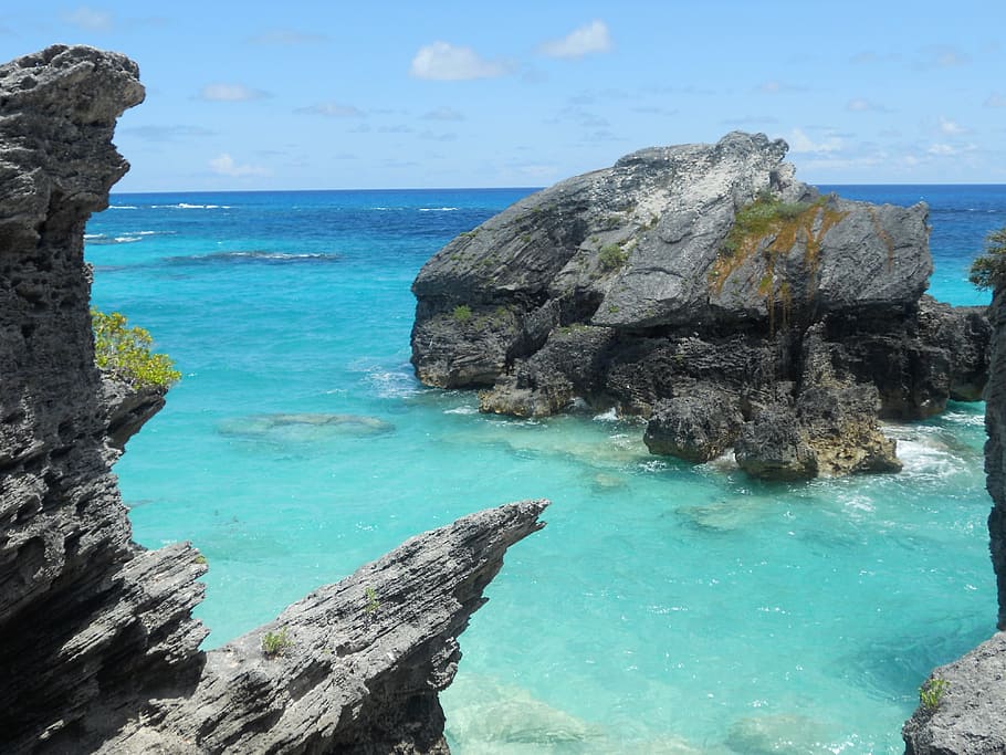 sea stack on body of water, Bermuda, Blue, Water, Rocks, rock - object HD wallpaper