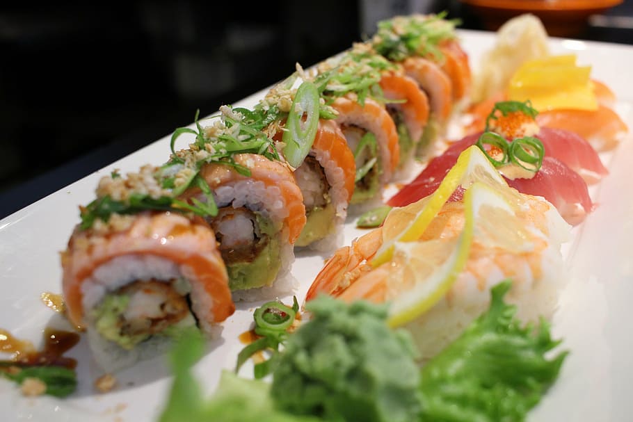 sashimi with vegetables, sushi, rolls, japanese food, restaurant, HD wallpaper