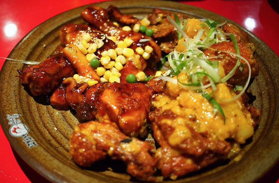 chicken, korean, dish, food, fry, spicy, stirfry, stir-fried, HD wallpaper