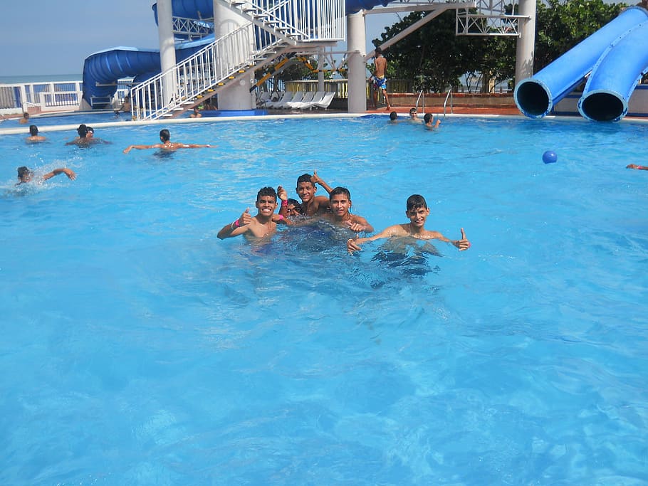 Pool, Walk, Fun, young, blue, joy, swimming pool, water, group of people, HD wallpaper