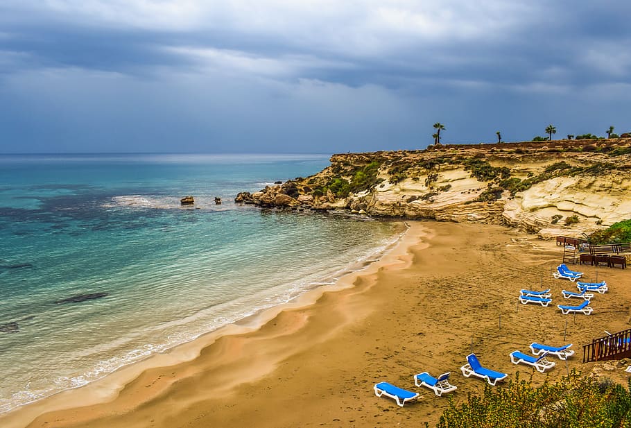 blue-and-white loungers on beach, cyprus, kapparis, empty, autumn HD wallpaper