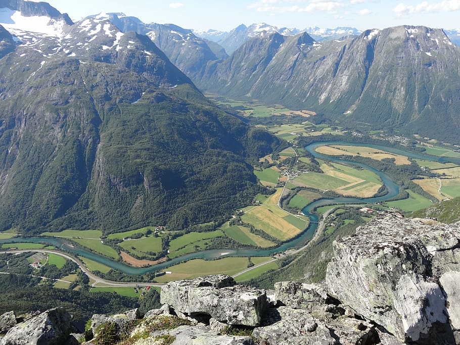 mountain, nature, valley, river, norway, from above, environment HD wallpaper