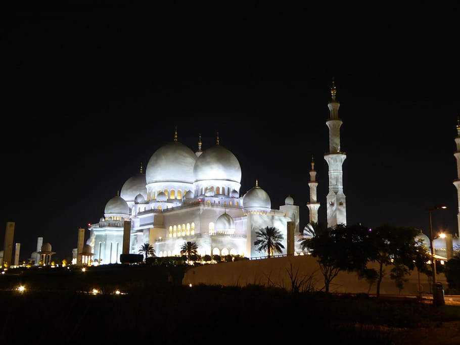 lighted white mosque, grand, abu, dhabi, zayed, night, building exterior HD wallpaper