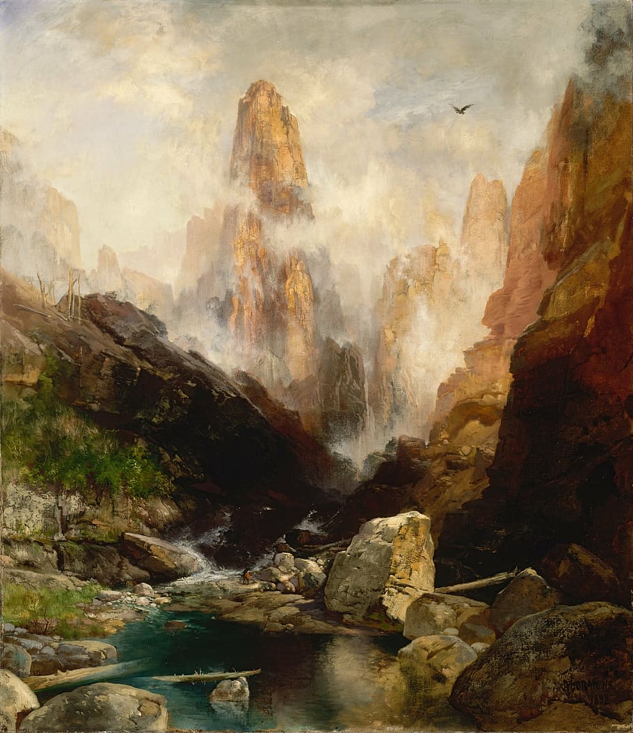 brown mountain painting, thomas moran, oil on canvas, artistic