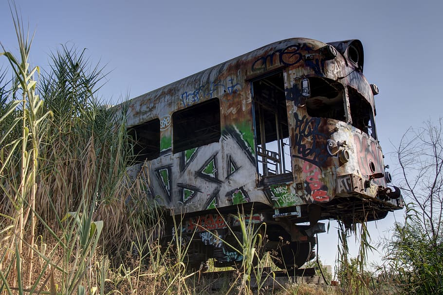 train, cabin, wagon, old, abandoned, damaged, obsolete, sky HD wallpaper