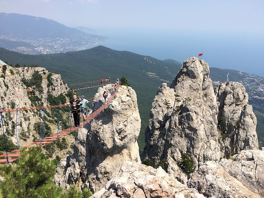 mountains, bridge, yalta, rock, rock - object, solid, rock formation HD wallpaper