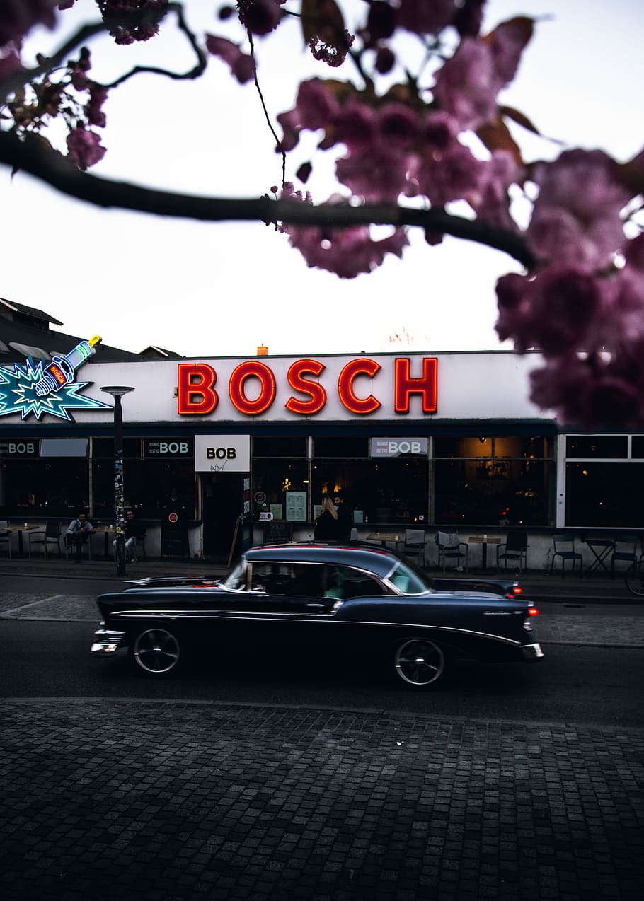 Bosch LED signage, black coupe beside Bosch store, building, car, HD wallpaper