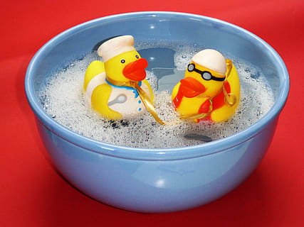 two rubber ducks on round blue bowl with bubbles, bath, splashing HD wallpaper