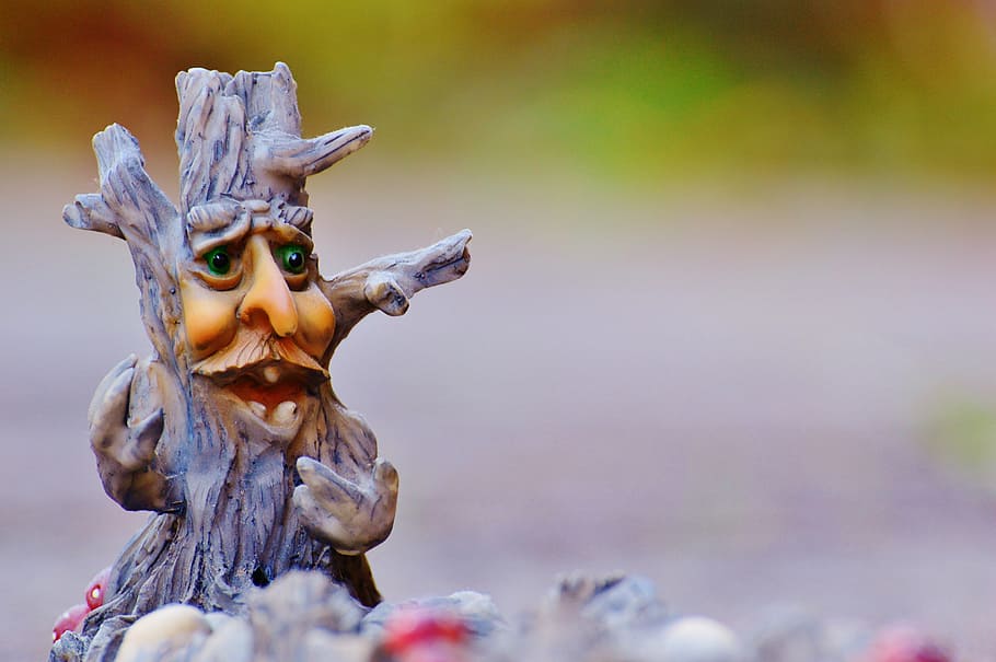 brown tree trunk with face illustration, mystical, funny, tree stump HD wallpaper
