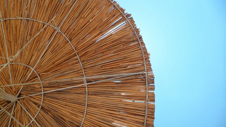 umbrella, sky, the sun, shadow, brown, blue, wood - material HD wallpaper