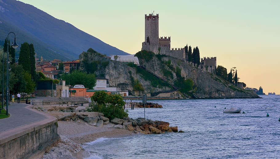 castle, malcesine, lake, water, architecture, building exterior HD wallpaper