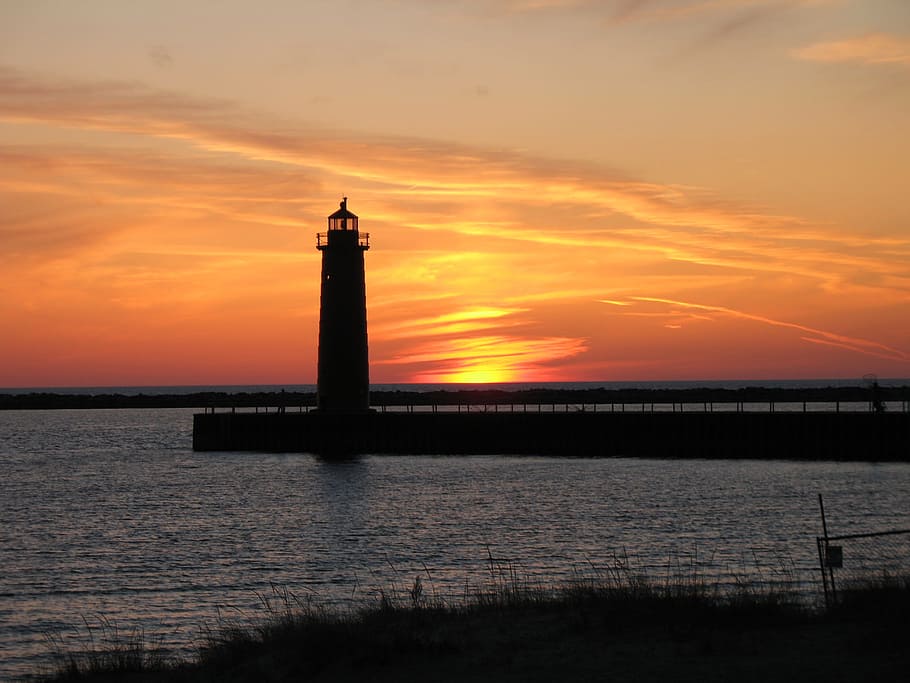 silhouette of lighthouse during susnet, Sunset, Beach, sky HD wallpaper