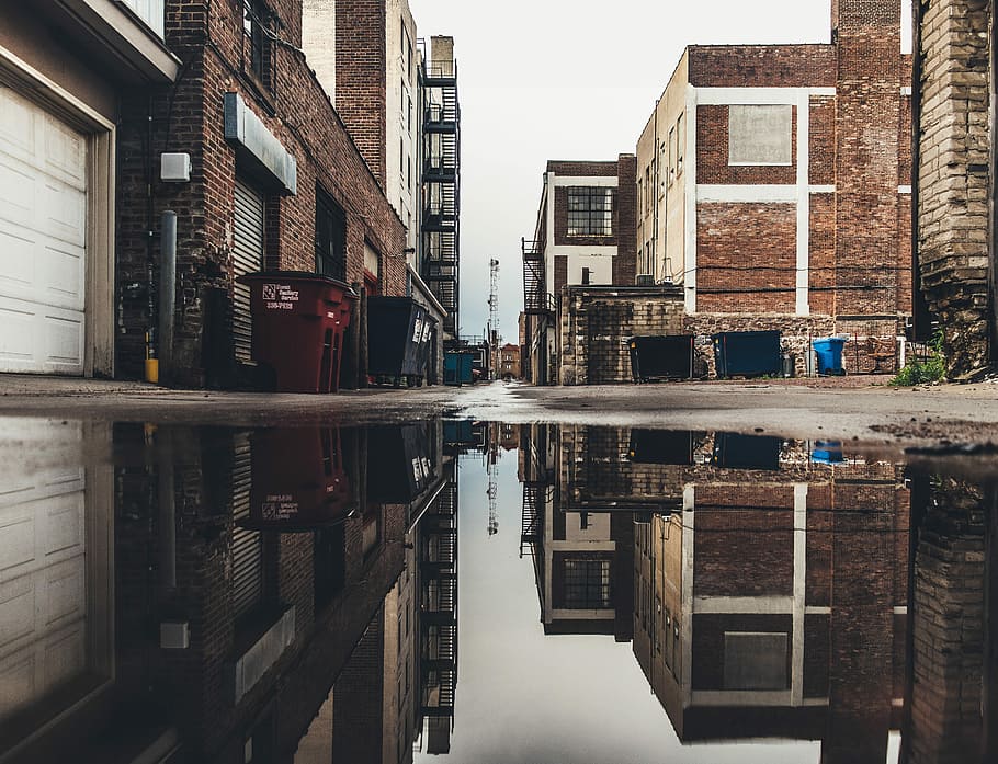 water on gray asphalt road beside buildings, building Exterior HD wallpaper