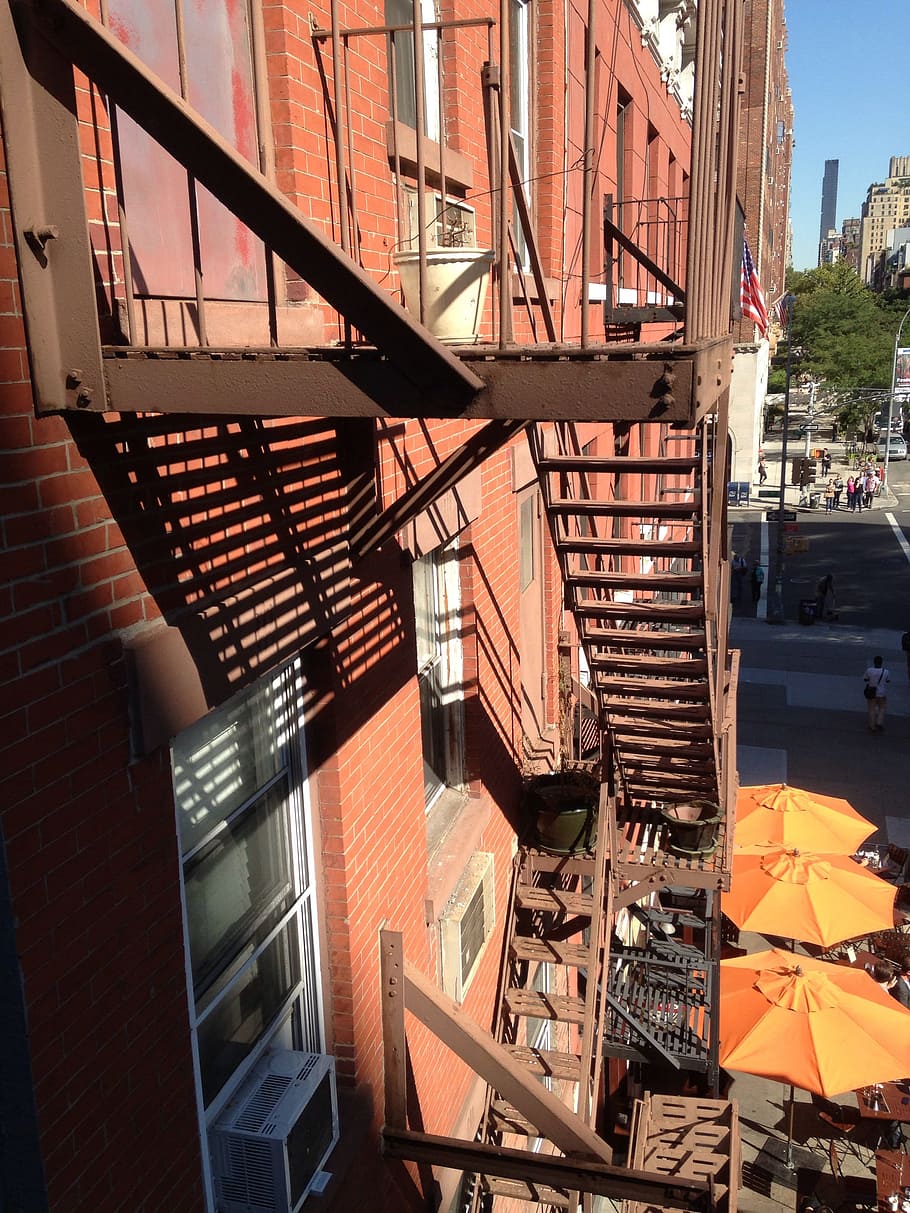 fire, escape, bricks, city, urban, abstract, exit, architecture HD wallpaper
