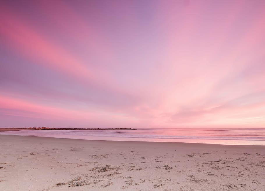 gray sand, sunset, beach, the sky, horizon, pink, seascape, romantic