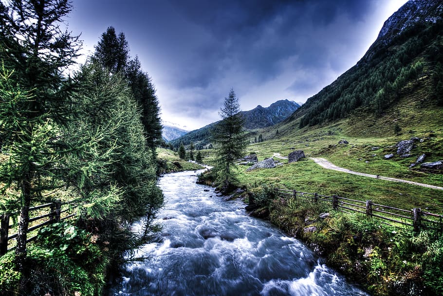 landscape, mountains, nature, sky, clouds, conifers, environment HD wallpaper