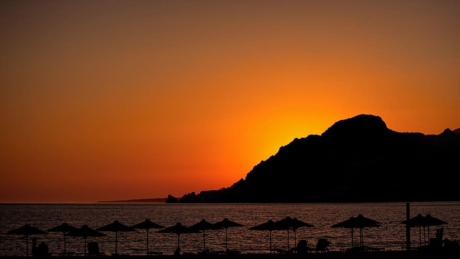 sunset, sky, mountain, highlands, landscape, silhouette, sea HD wallpaper