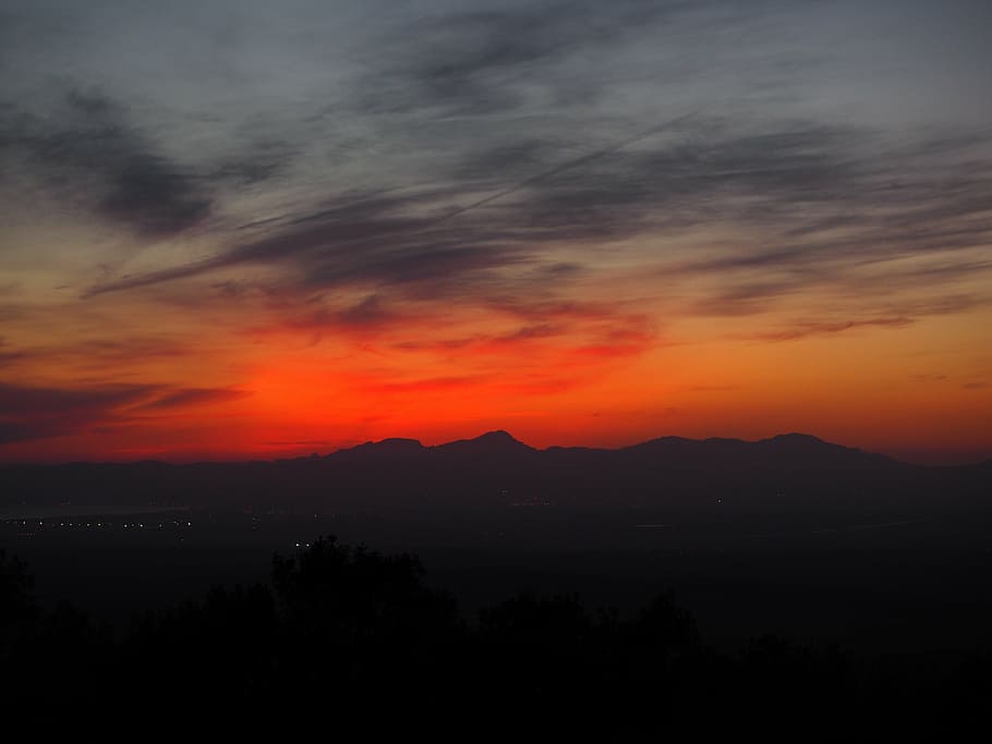 evening sun, afterglow, sky, tree, romantic, sunset, evening hour HD wallpaper