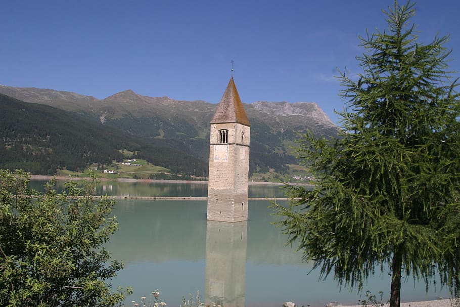 south tyrol, italy, val venosta, sunken church, lake, mountains