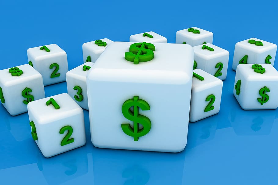 dice money 3d, given, cube, game, blue, green color, studio shot HD wallpaper