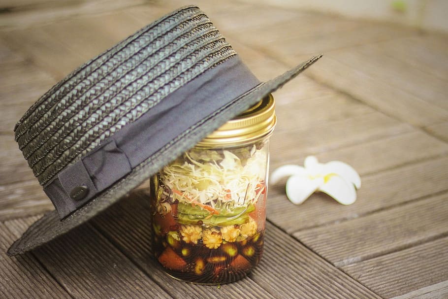 gray wicker fedora on glass jar, food, food and drink, no people HD wallpaper