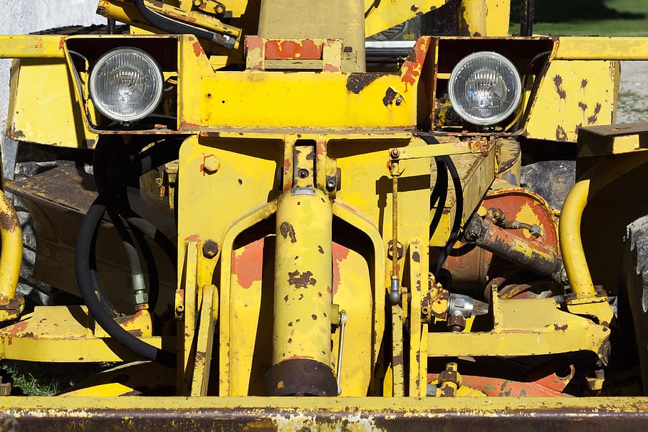 machine, detection, spotlight, hydraulic, yellow, rusty, old HD wallpaper