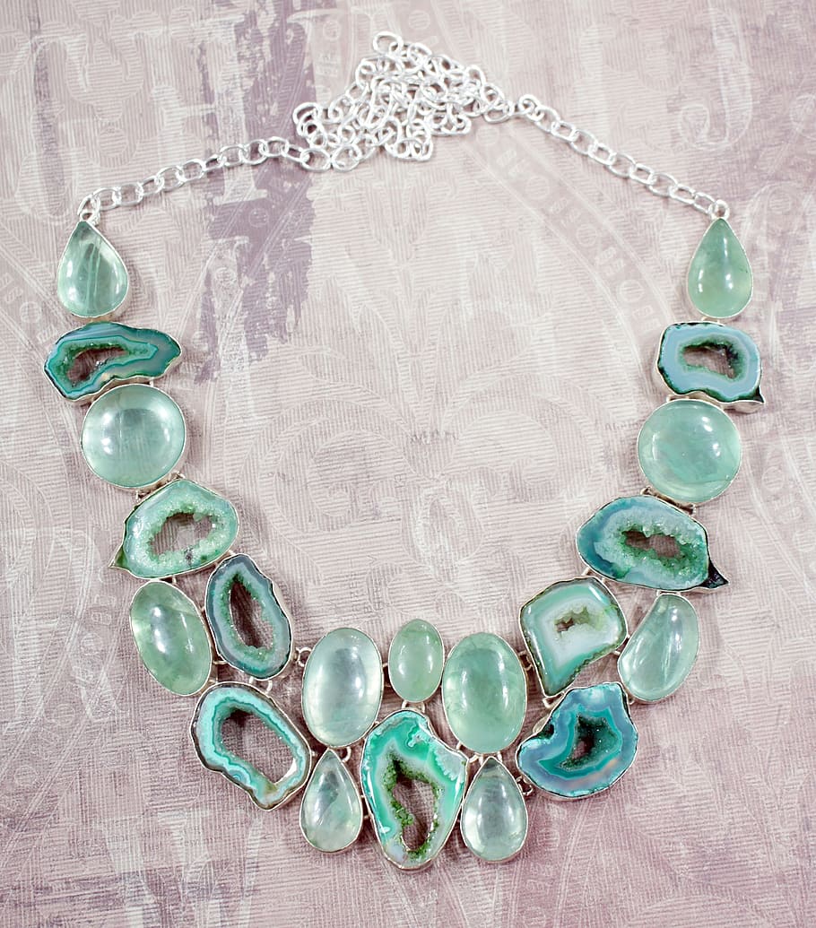 silver-colored necklace with teal gemstones, Apatite, Aqua, green