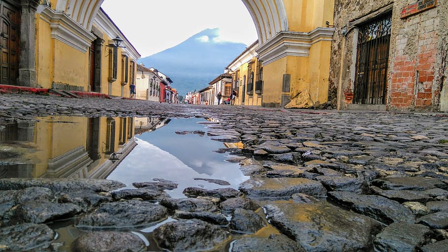 clear water on concrete pavement, antigua guatemala, sunrise