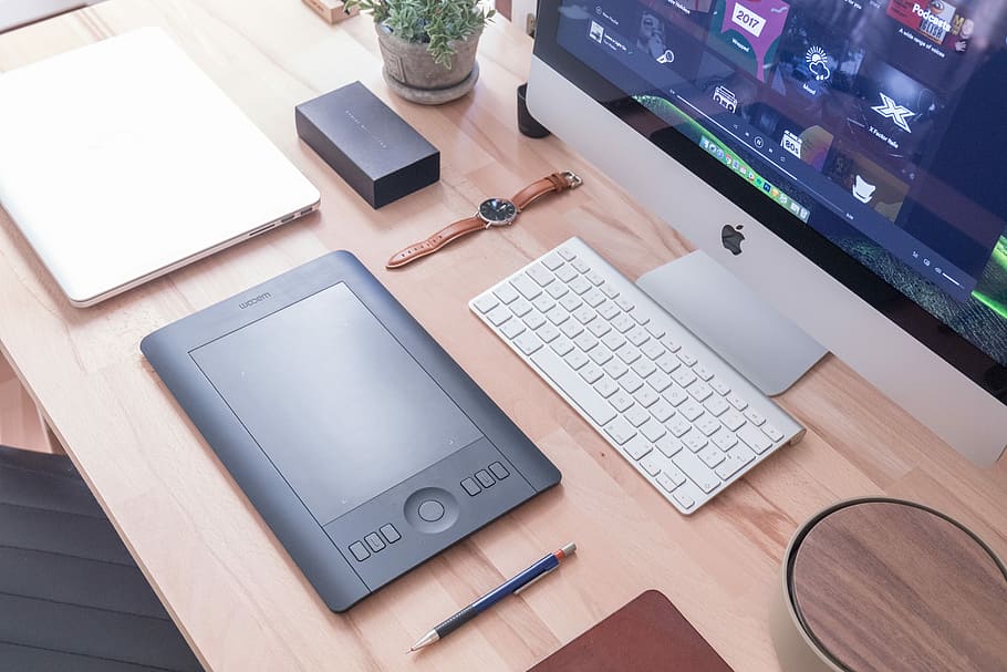 black tablet computer, silver iMac on brown wooden desk, office HD wallpaper