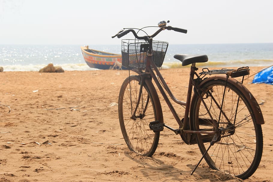 beach, cycle, summer, sea, bicycle, sand, outdoors, land, transportation HD wallpaper