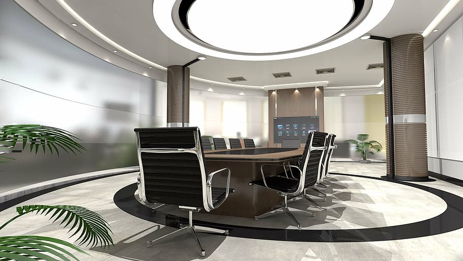 office armchairs inside room, roundtable, light, interior design HD wallpaper
